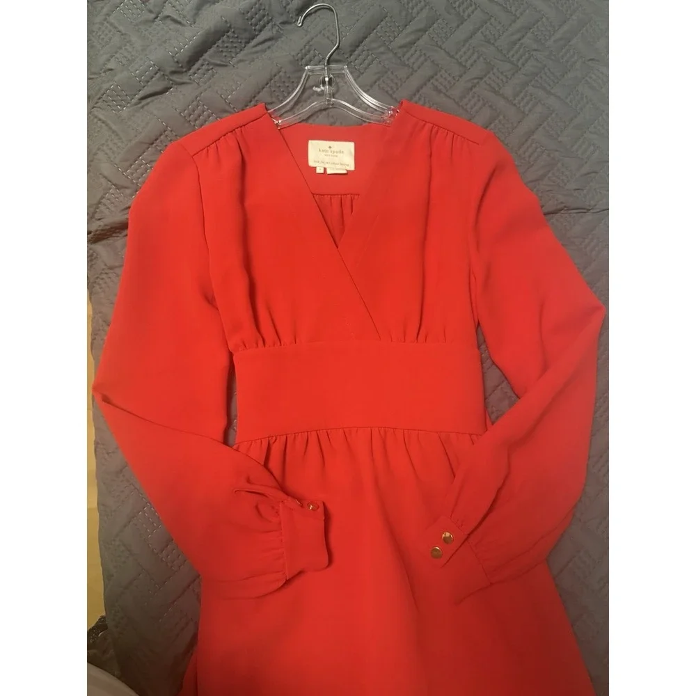 Kate Spade New York Red Empire Waist Long Sleeve V-Neck‎ Dress Size 0